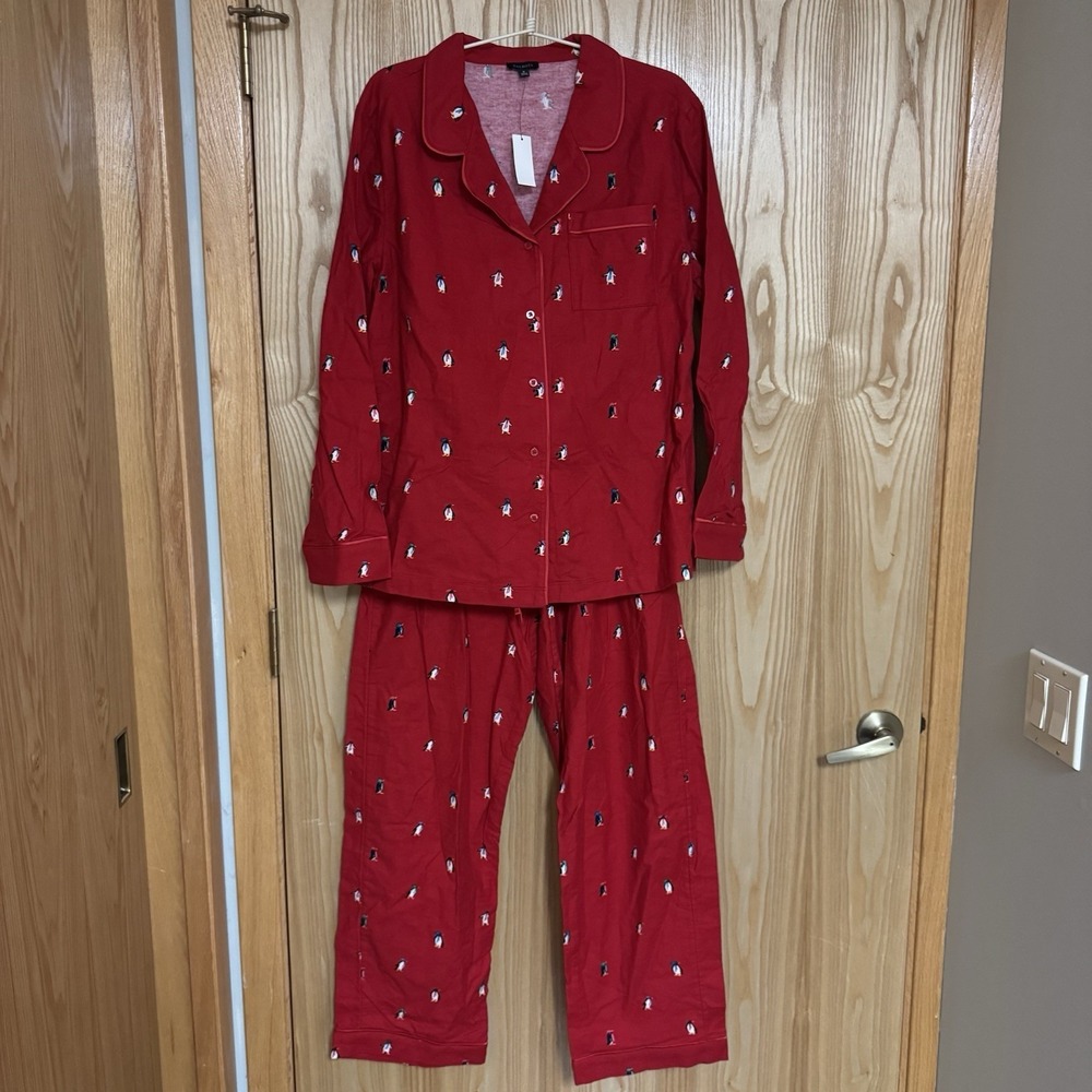 Talbots Women's M Flannel Penguin Pajama Set Red Winter Soft Holiday NWT
